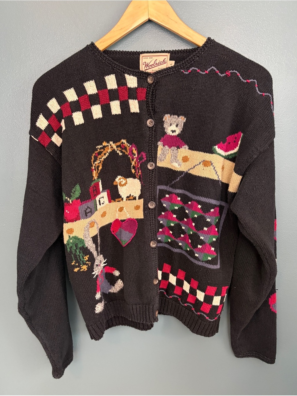 Woolrich Vintage Patchwork Novelty Knit Cardigan Sweater Size L